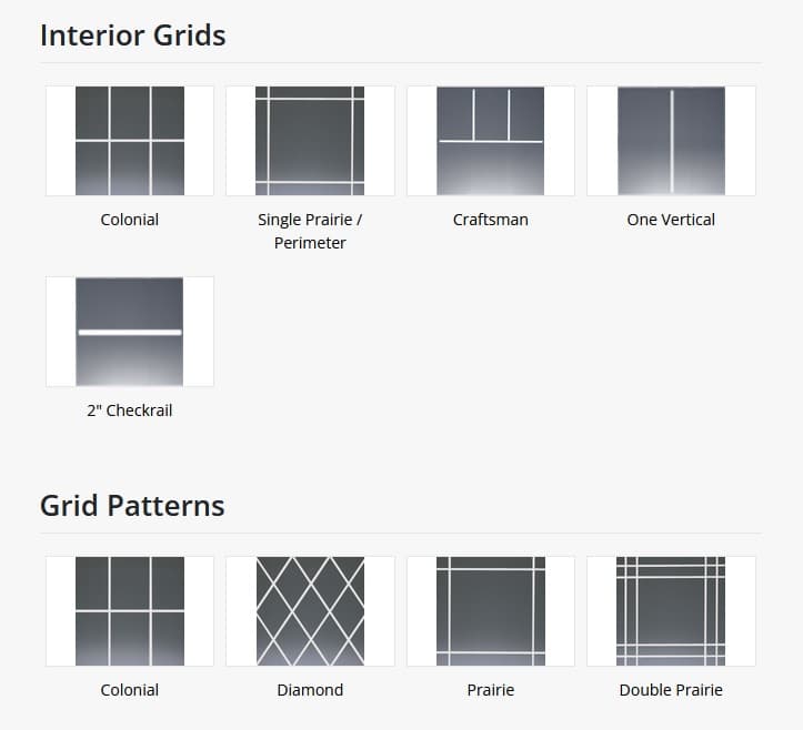 Grid pattern styles including Colonial, Prairie, Craftsman, Diamond, and Double Prairie