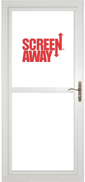 Storm door with retractable screen shown in multiple positions